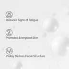 Graphic listing key benefits of Caffeine 3% + Escin 1% Face Serum with icons: Reduces Signs of Fatigue, Promotes Energized Skin, and Visibly Defines Facial Structure.